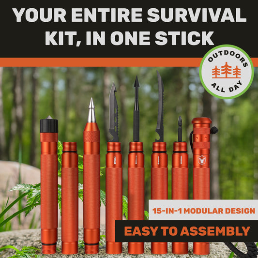 "Orange Terra Tactic hiking stick with outdoor accessories displayed vertically in forest setting"