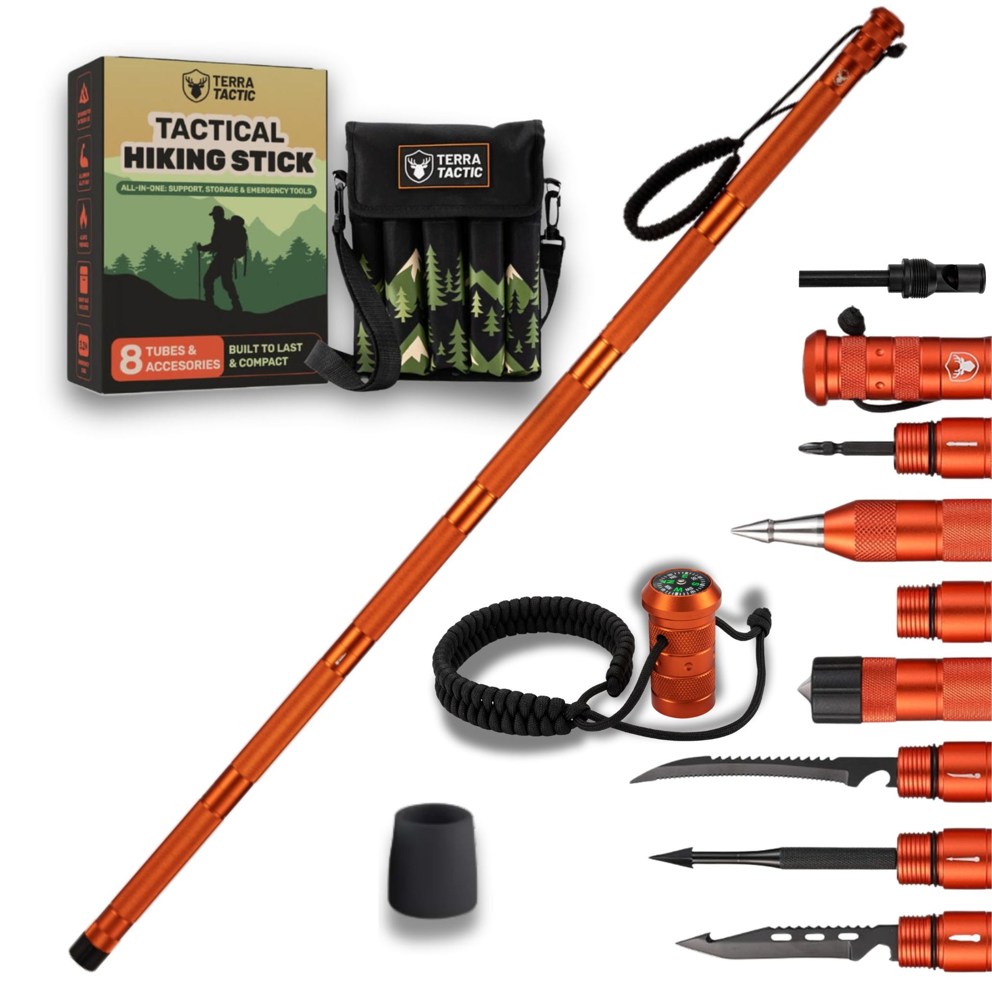 "Tactical hiking stick in orange with modular outdoor accessories on white background – Terra Tactic 15-in-1 set"