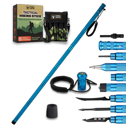 “15-in-1 tactical hiking stick in blue with detachable outdoor accessories on white background – Terra Tactic set”
