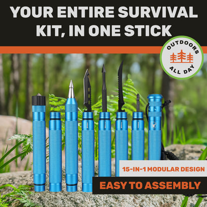 "Blue Terra Tactic hiking stick with outdoor accessories displayed vertically in forest setting"