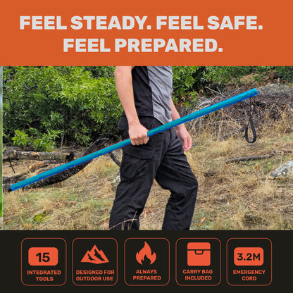 "Person hiking on trail holding blue Terra Tactic hiking stick for outdoor support"