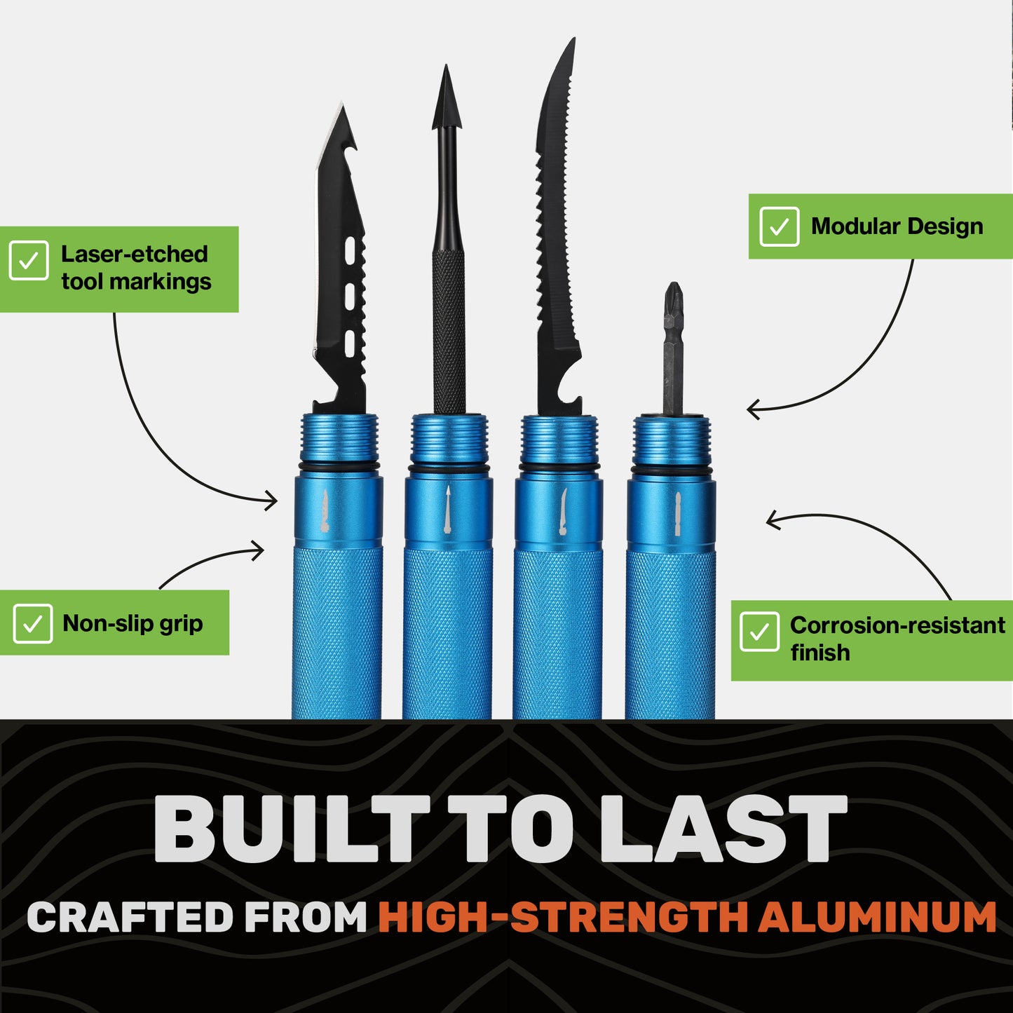 "Blue modular hiking stick sections from Terra Tactic showing outdoor-ready construction"