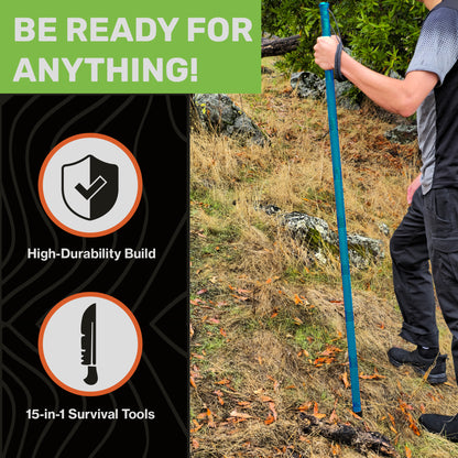 "Hiker using blue Terra Tactic hiking stick in outdoor rocky terrain"