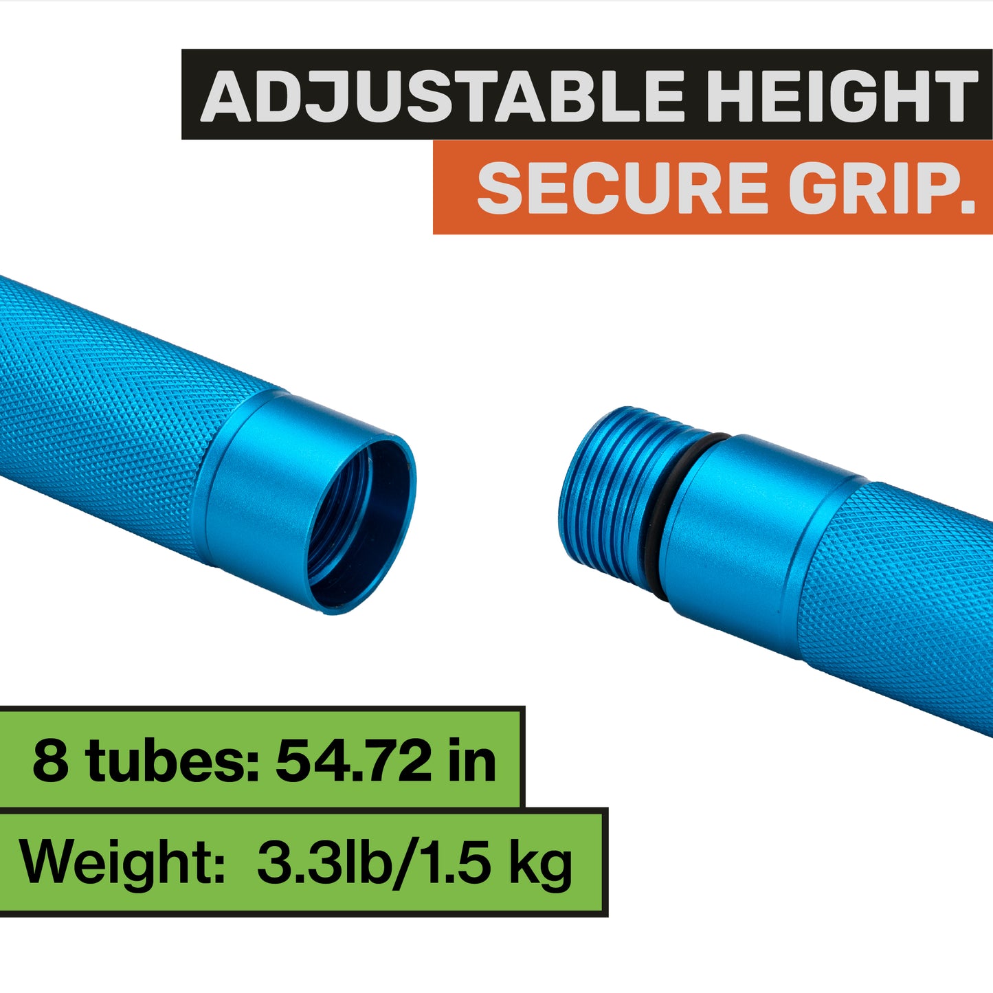 "Adjustable threaded sections of the blue Terra Tactic hiking stick showing height customization"