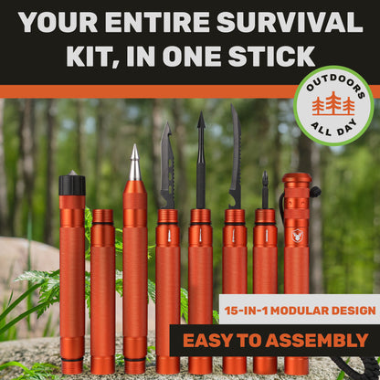 "Orange Terra Tactic hiking stick with outdoor accessories displayed vertically in forest setting"