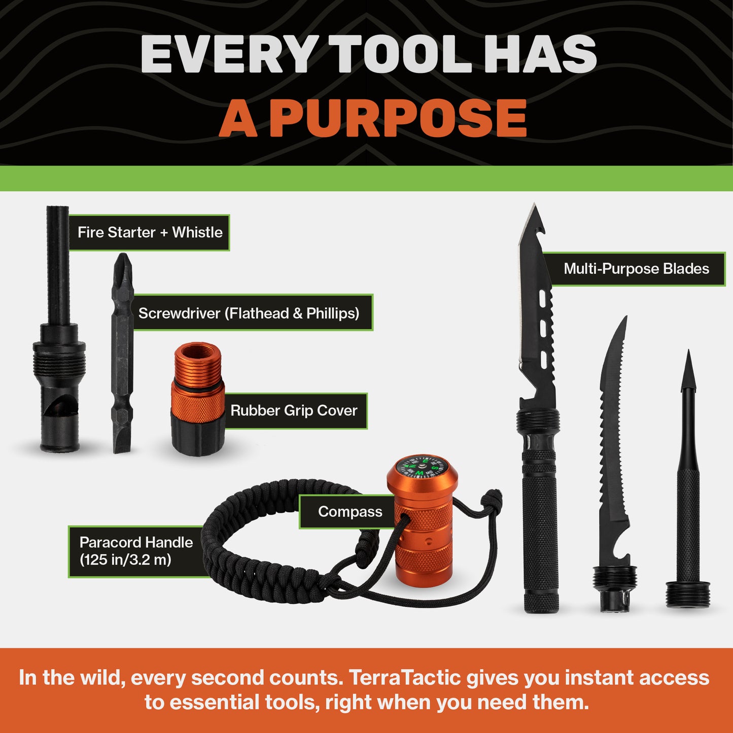 "Orange Terra Tactic hiking stick accessories including grip, cord and multipurpose outdoor attachments"