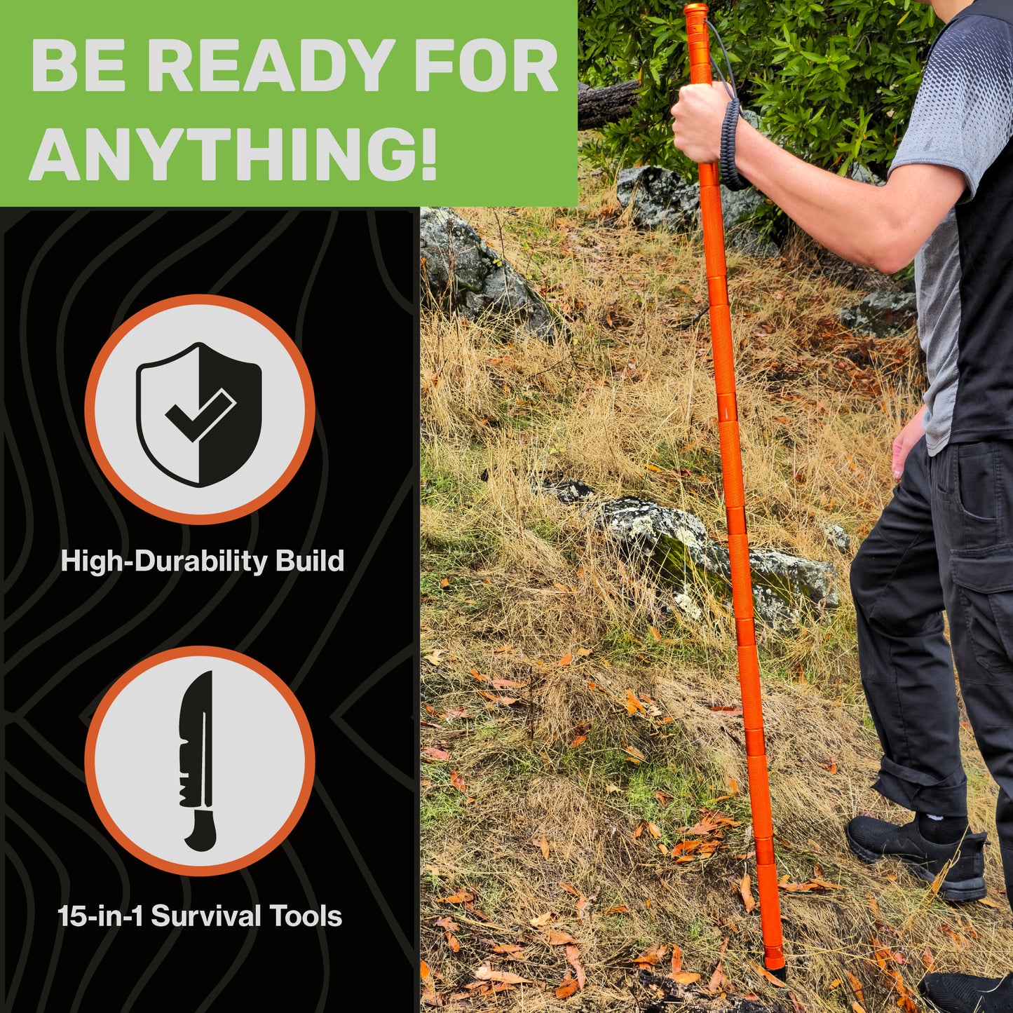"Hiker using orange Terra Tactic hiking stick in outdoor rocky terrain"