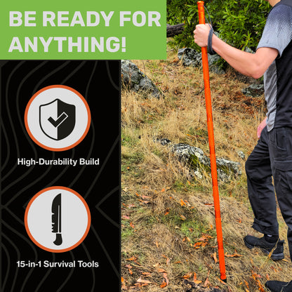 "Hiker using orange Terra Tactic hiking stick in outdoor rocky terrain"
