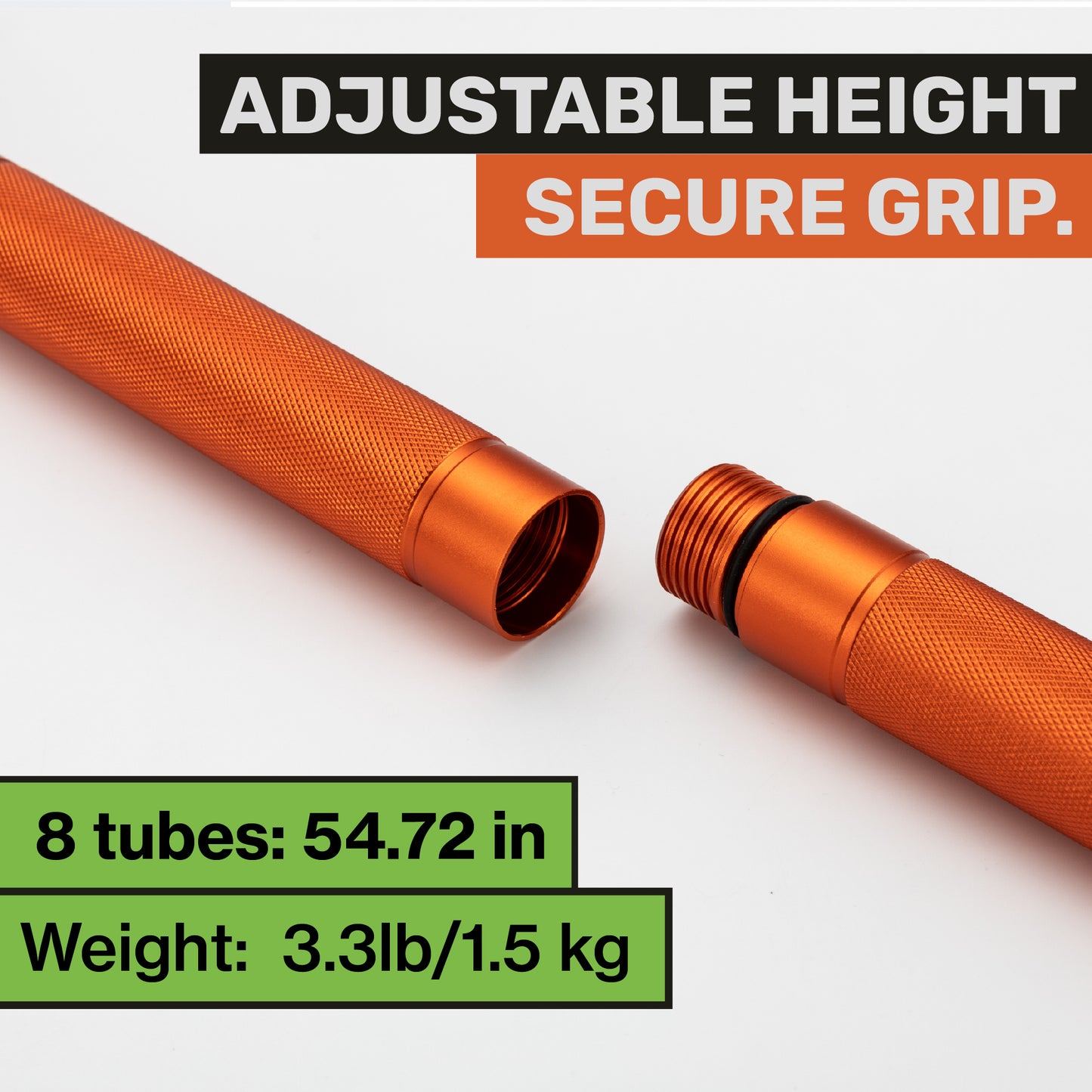 "Adjustable threaded sections of the orange Terra Tactic hiking stick showing height customization"