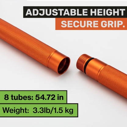 "Adjustable threaded sections of the orange Terra Tactic hiking stick showing height customization"